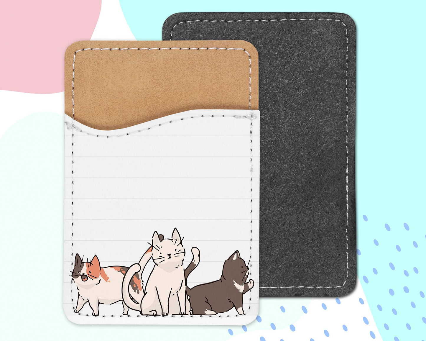 Kawaii Kitties Phone Wallet - Adhesive PU Leather Card Holder For Phone - Cute Cats Custom Gift - Stick on Pocket - Card Caddy