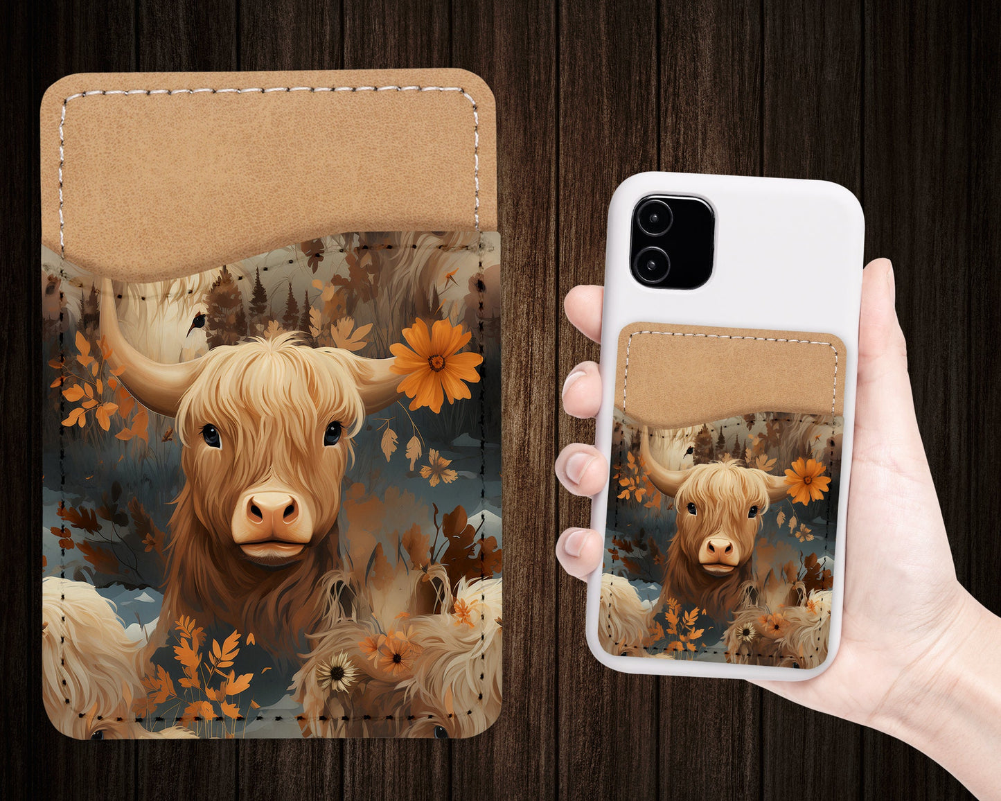 Highland Cow Design Phone Wallet - Adhesive PU Leather Card Holder For Phone  - Custom Gift - Stick on Pocket - Card Caddy