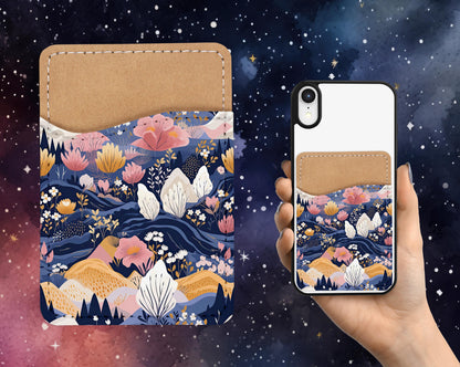 Mystic Floral Mountain Phone Card Holder - Blue Pink Nature Aesthetic Adhesive Wallet for Phone
