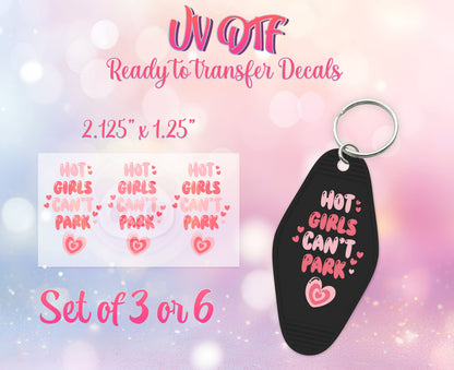 UV DTF Ready to Apply Keychain Transfers - Hot Girls Can't Park Design Prints - DiY Retro Motel Keychain Decal - Customizable