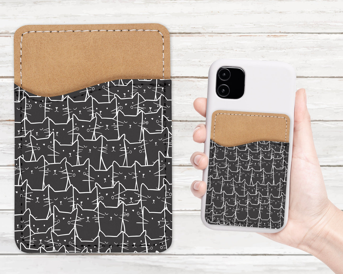 Cute Cat Pattern Phone Wallet - Adhesive PU Leather Card Holder For Phone  - Custom Gift - Stick on Pocket - Card Caddy