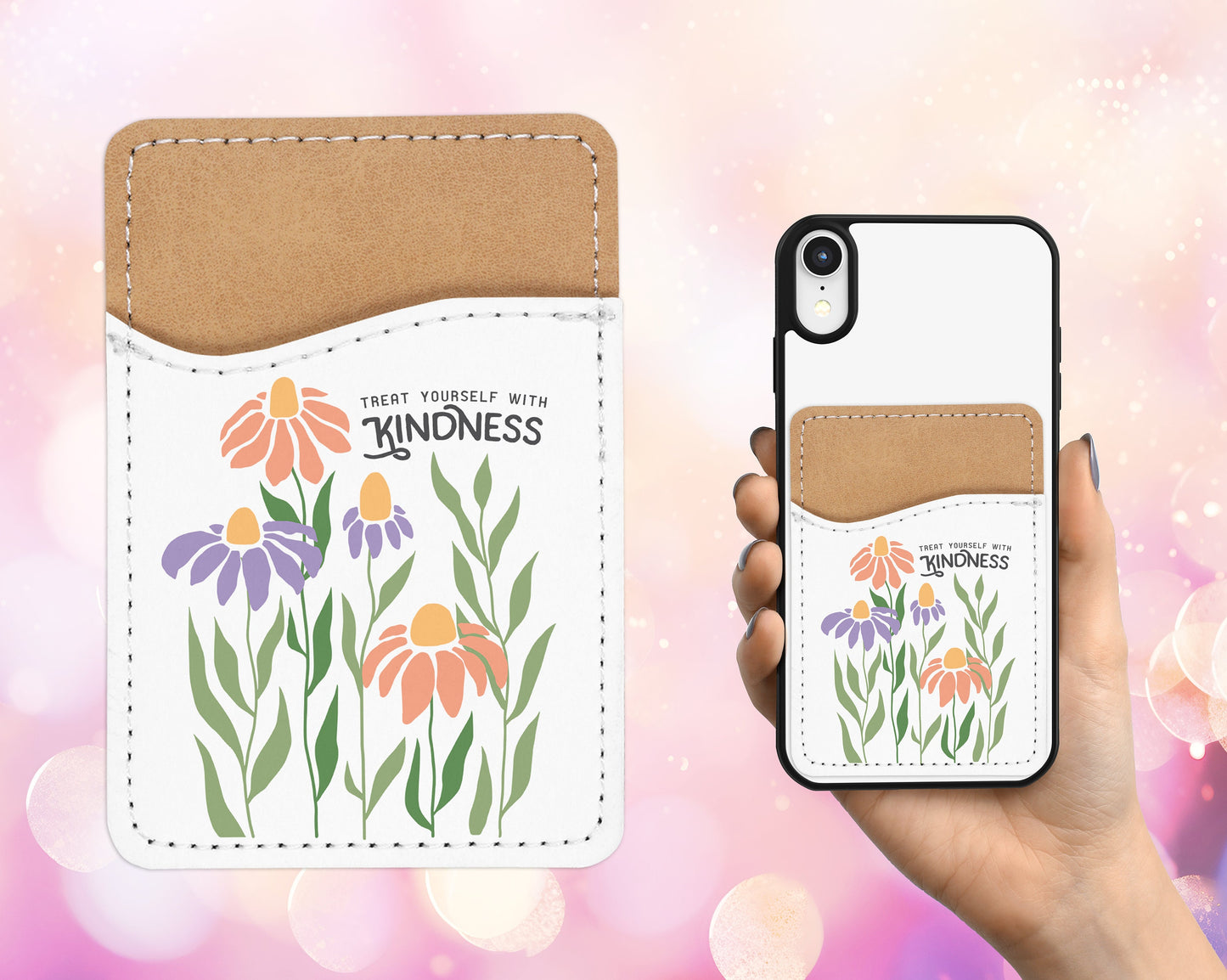 Kindness Mental Health Phone Wallet - Adhesive PU Leather Card Holder for Phone - Custom Gift - Stick on Pocket - Card Caddy