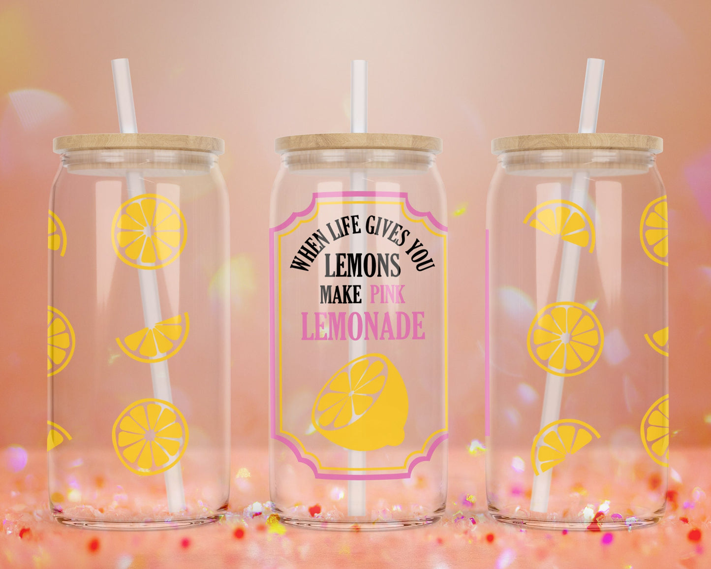 UVDTF Customized Glass Cup 16oz - When Life Gives You Lemons Make Lemonade Design - Bamboo Lid - Customized Gifts