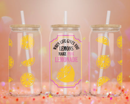 UVDTF Customized Glass Cup 16oz - When Life Gives You Lemons Make Lemonade Design - Bamboo Lid - Customized Gifts