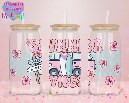 UVDTF Customized Glass Cup 16oz - Summer Vibes Design - Clear or Frosted - Bamboo Lid - Customized Gifts