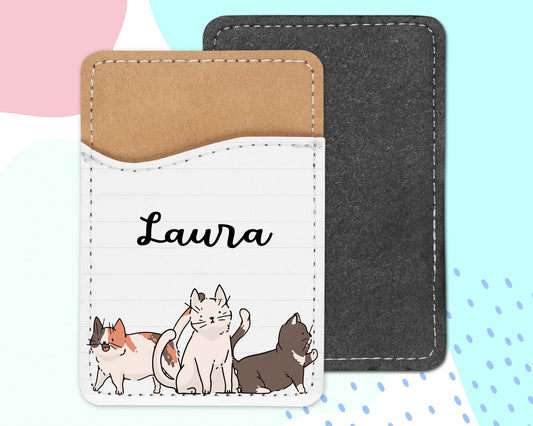 Kawaii Kitties Phone Wallet - Adhesive PU Leather Card Holder For Phone - Cute Cats Custom Gift - Stick on Pocket - Card Caddy