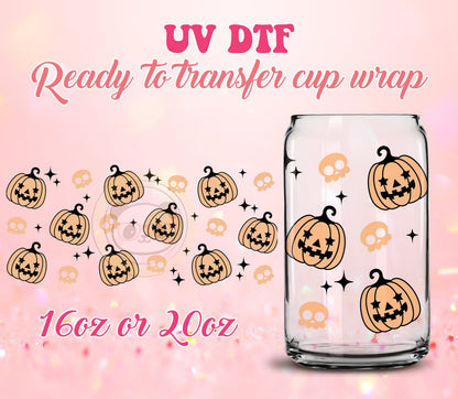 UV DTF Cup Wrap - Ready to Transfer  Cups | Fall | Halloween - Jack-o-Lanterns DIY 16oz and 20oz Prints - Libbey Glass Can - Customizable