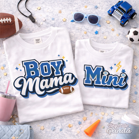 Boy Mama Mini DTF Transfer - Matching Mom and Child Heat Transfer - Blue Sporty Boy Mama Mini Shirt Design - Ready to Press DTF Decal