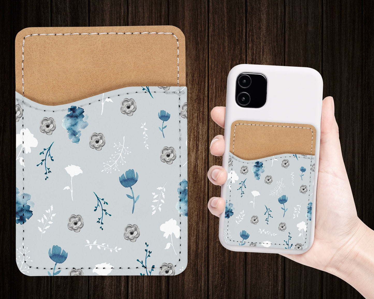 Flower Pattern Phone Wallet - Adhesive PU Leather Card Holder For Phone  - Custom Gift - Stick on Pocket - Card Caddy