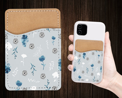 Flower Pattern Phone Wallet - Adhesive PU Leather Card Holder For Phone  - Custom Gift - Stick on Pocket - Card Caddy