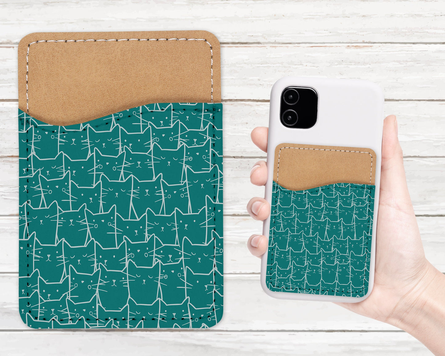 Cute Cat Pattern Phone Wallet - Adhesive PU Leather Card Holder For Phone  - Custom Gift - Stick on Pocket - Card Caddy