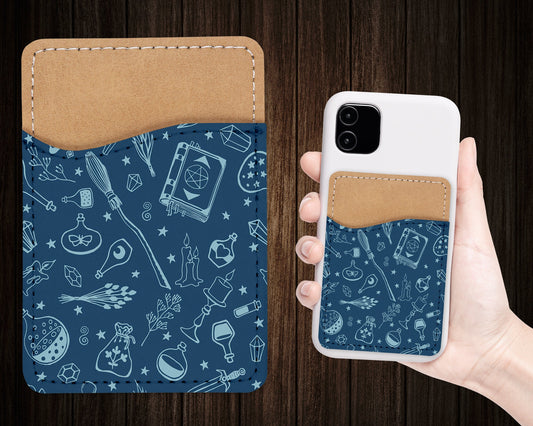 Blue Esoteric Phone Wallet - Adhesive PU Leather Card Holder For Phone - Custom Gift - Stick on Pocket - Card Caddy
