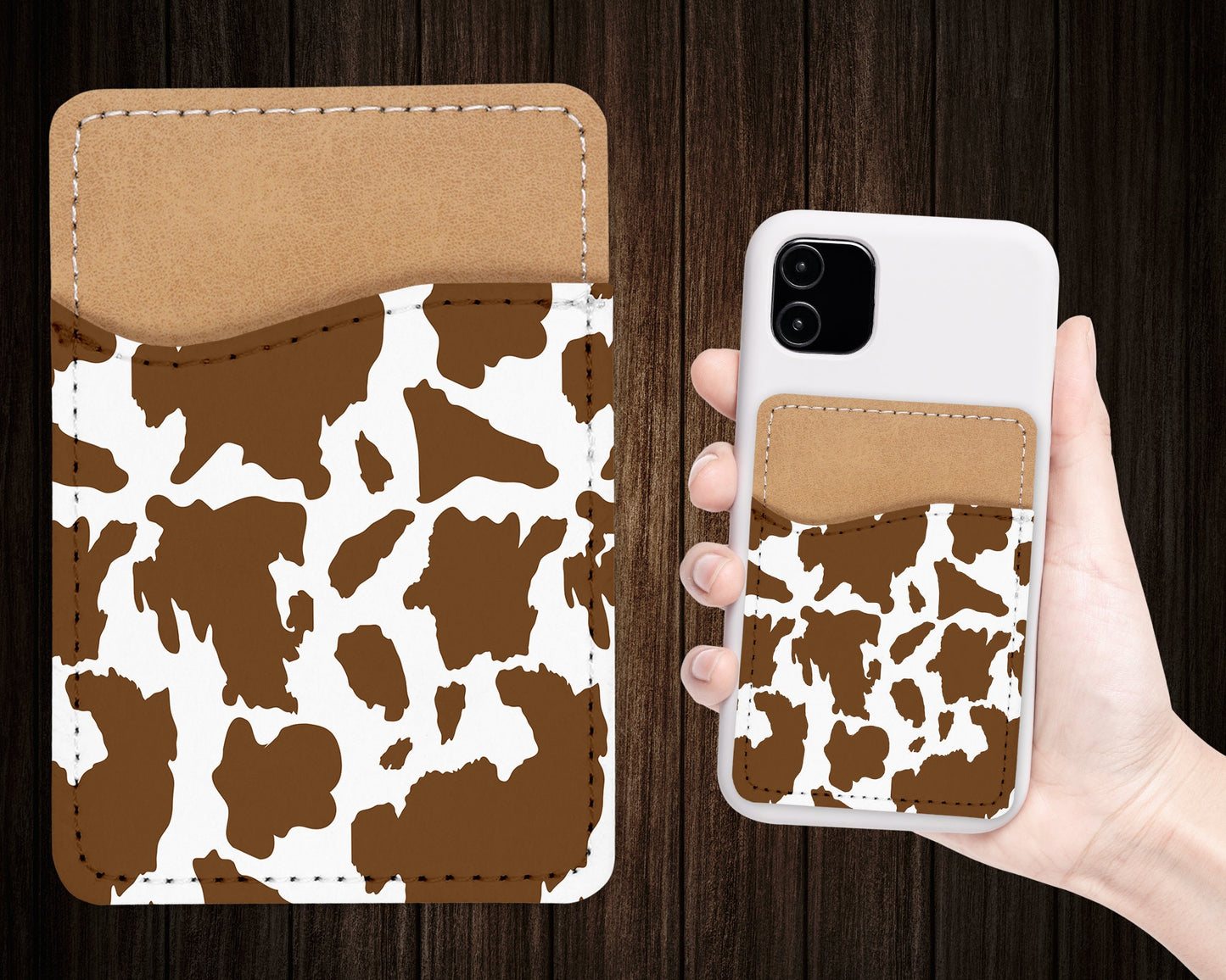 Cow Print Phone Wallet - Adhesive PU Leather Card Holder For Phone - Animal Print Custom Gift - Stick on Pocket - Card Caddy