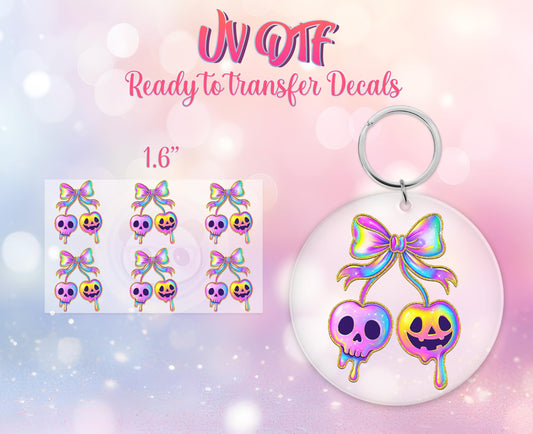UV DTF Ready to Apply Keychain Transfers - Holographic Spooky Cherries - Halloween Design Prints - Acrylic MDF keychain Decal - Customizable