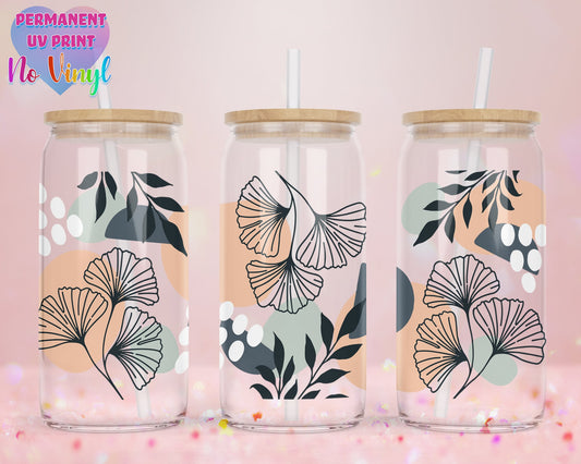 UVDTF Customized Glass Cup 16oz - Abstract Leaves Design - Clear or Frosted - Bamboo Lid - Customized Gifts