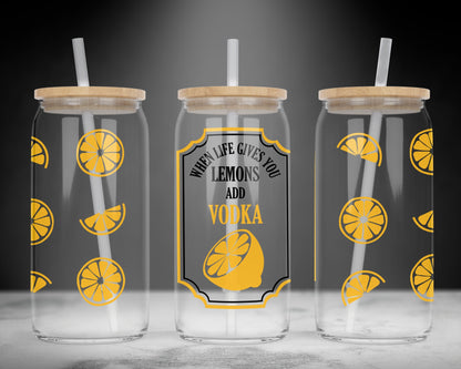 UVDTF Customized Glass Cup 16oz - When Life Gives You Lemons Make Lemonade Design - Bamboo Lid - Customized Gifts