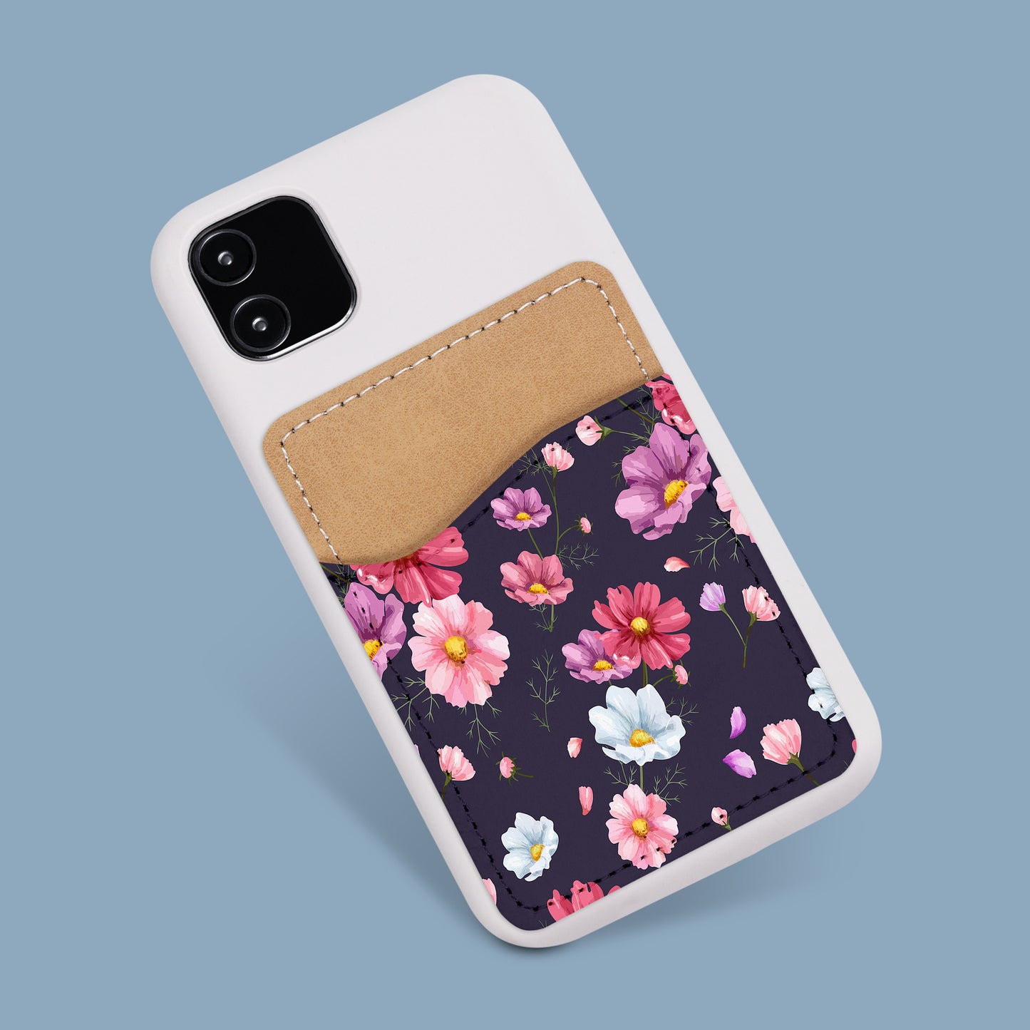 Flower Pattern Phone Wallet - Adhesive PU Leather Card Holder For Phone  - Custom Gift - Stick on Pocket - Card Caddy
