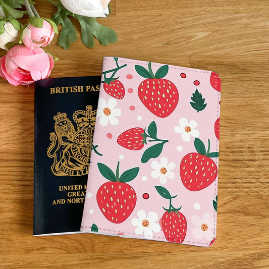 Cute Strawberries and Flowers Design Passport Cover - PU Leather Wallet Card Holder For Document - Custom Gift
