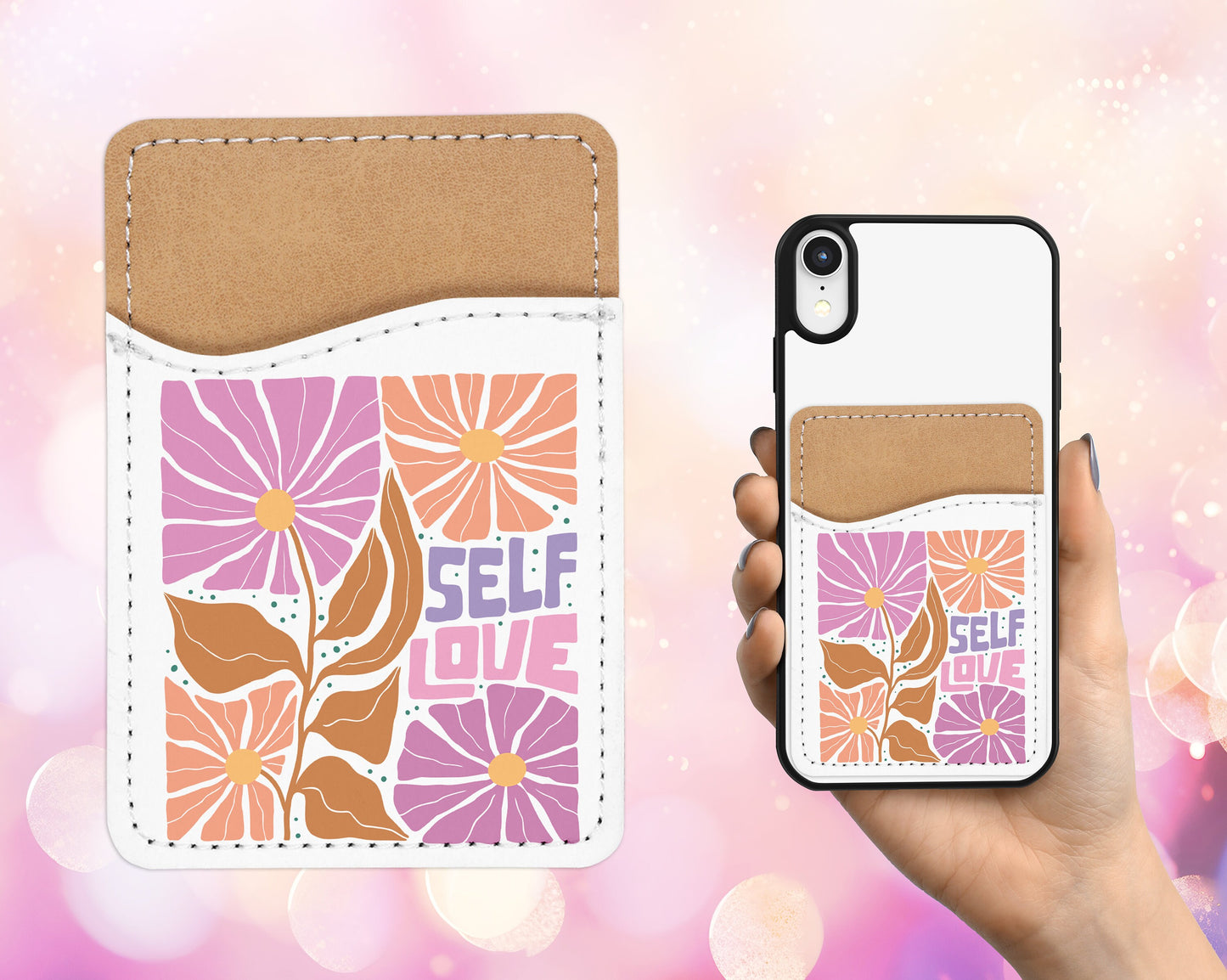 Self Love Phone Wallet - Adhesive PU Leather Card Holder for Phone - Custom Gift - Stick on Pocket - Card Caddy