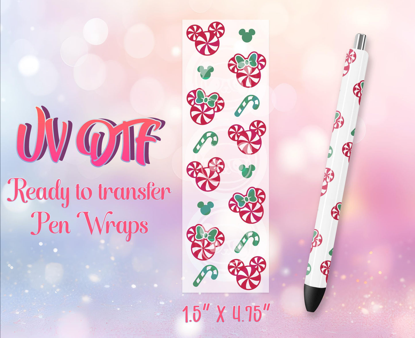 UV DTF Pen Wraps - Ready to Apply - Cute Christmas Mouse Design Prints - DIY Pen Decal - Customizable