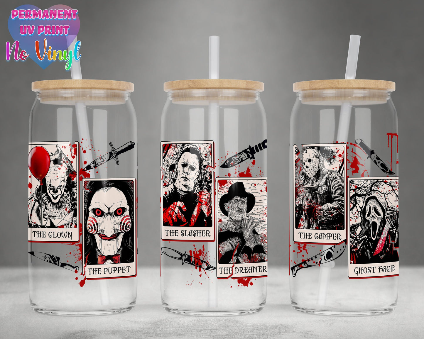 UVDTF Customized Glass Cup 16oz - Horror Halloween Design - Clear or Frosted - Bamboo Lid - Customized Gifts