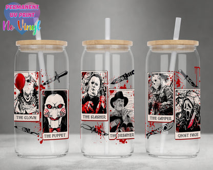 UVDTF Customized Glass Cup 16oz - Horror Halloween Design - Clear or Frosted - Bamboo Lid - Customized Gifts