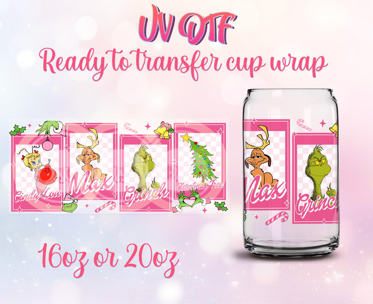 UV DTF Ready to Transfer Cup Wraps - Christmas Design DIY 16oz and 20oz Prints - Libbey Glass Can - Customizable