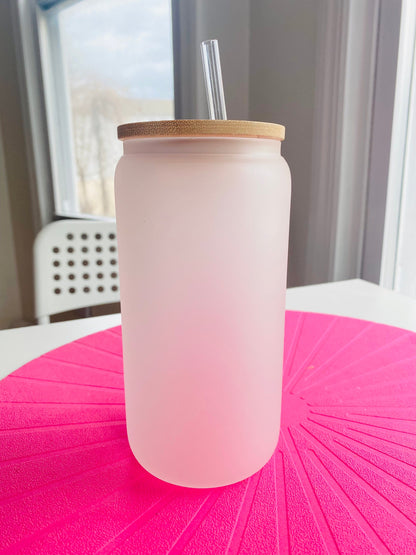 Blank Sublimation Beer Can Glass - Blank 16oz Glass - Soda Can Cup with Bamboo Lid and Straw - Tempered Borosilicate Glass