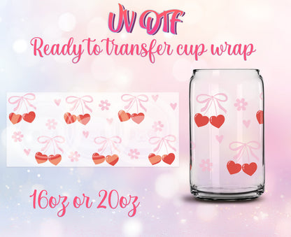 UV DTF Cup Wrap - Ready to Transfer  Cute Coquette Cherries Design DIY 16oz and 20oz Prints - Libbey Glass Can - Customizable