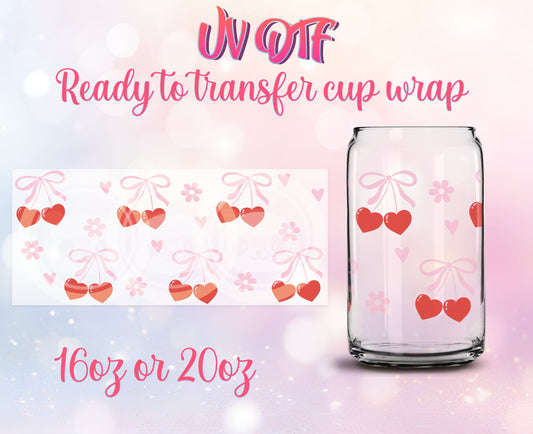 UV DTF Cup Wrap - Ready to Transfer  Cute Coquette Cherries Design DIY 16oz and 20oz Prints - Libbey Glass Can - Customizable