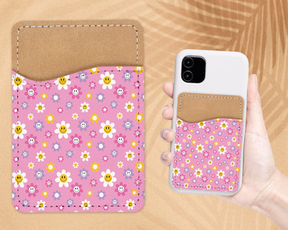 Lavender Retro Design Phone Wallet - 70s 80s Groovy Adhesive PU Leather Card Holder For Phone - Custom Gift - Stick on Pocket - Card Caddy