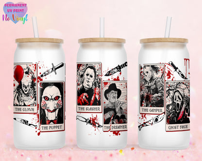 UVDTF Customized Glass Cup 16oz - Horror Halloween Design - Clear or Frosted - Bamboo Lid - Customized Gifts