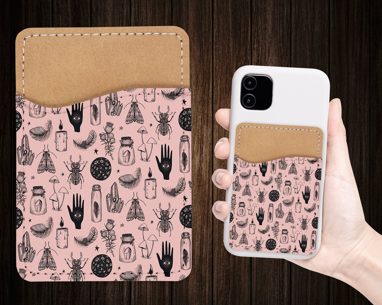 Pink Esoteric Phone Wallet - Adhesive PU Leather Card Holder For Phone - Custom Gift - Stick on Pocket - Card Caddy