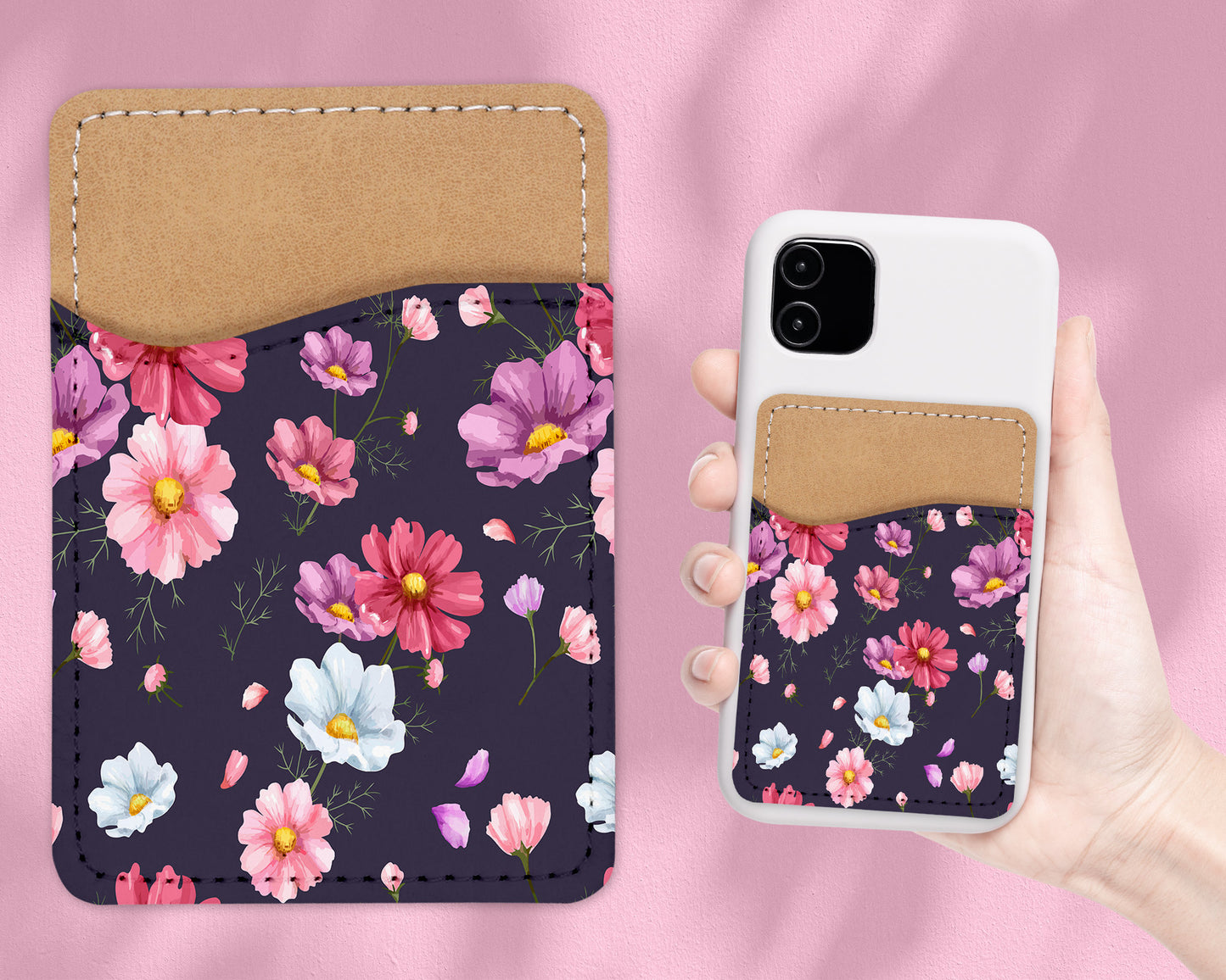 Flower Pattern Phone Wallet - Adhesive PU Leather Card Holder For Phone  - Custom Gift - Stick on Pocket - Card Caddy