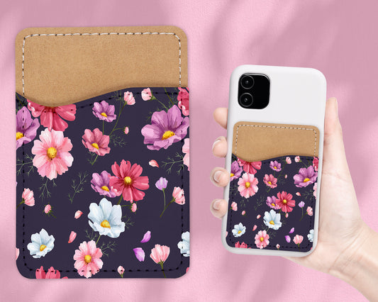 Flower Pattern Phone Wallet - Adhesive PU Leather Card Holder For Phone  - Custom Gift - Stick on Pocket - Card Caddy