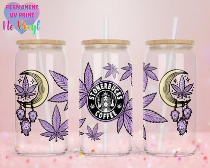 UVDTF Customized Glass Cup 16oz - Stonerbucks 4/20 Design - Clear or Frosted - Bamboo Lid - Customized Gifts