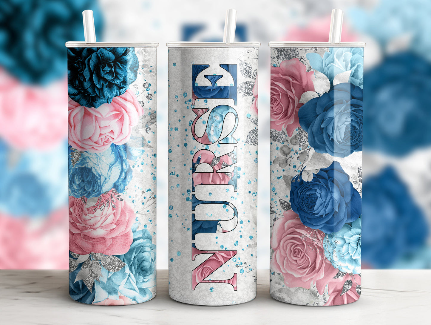 Nurse - Flower Design 20oz Skinny Tumbler - Custom Design Travel Mug - Personalized Gift