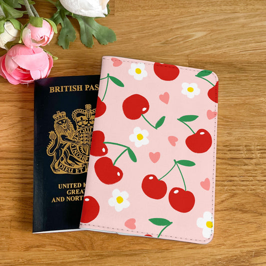 Cute Cherry and Flower Design Passport Cover - PU Leather Wallet Card Holder For Document - Custom Gift