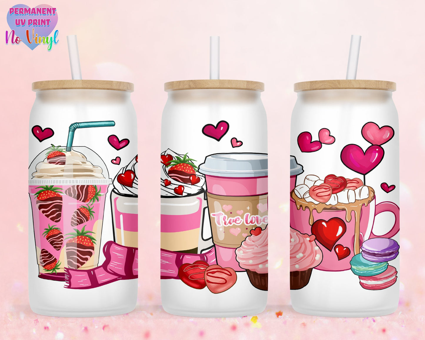 UVDTF Customized Glass Cup 16oz - Lovely Pink Cups Design - Clear or Frosted - Bamboo Lid - Customized Gifts