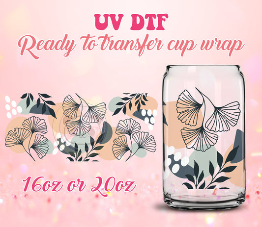 UV DTF Cup Wrap - Ready to Transfer  Abstract Ginkgo Leaves Design - DIY 16oz and 20oz Prints - Libbey Glass Can - Customizable