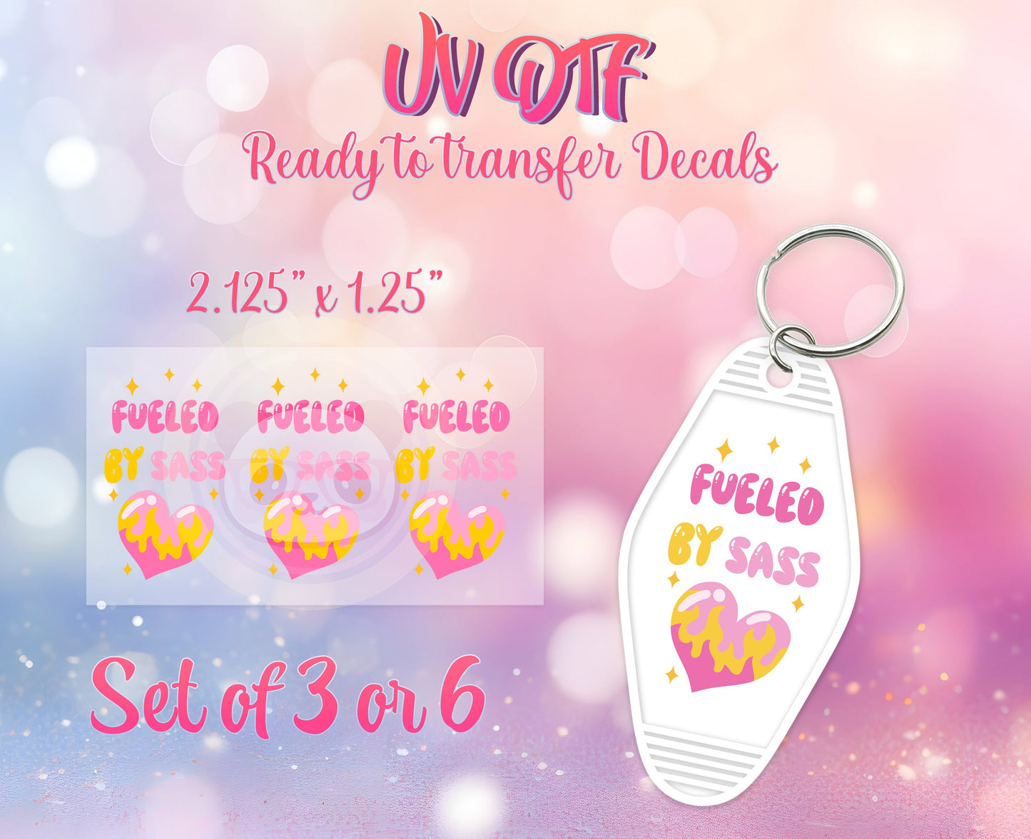 UV DTF Ready to Apply Keychain Transfers - Fueled By Sass Design Prints - DiY Retro Motel Keychain Decal - Customizable