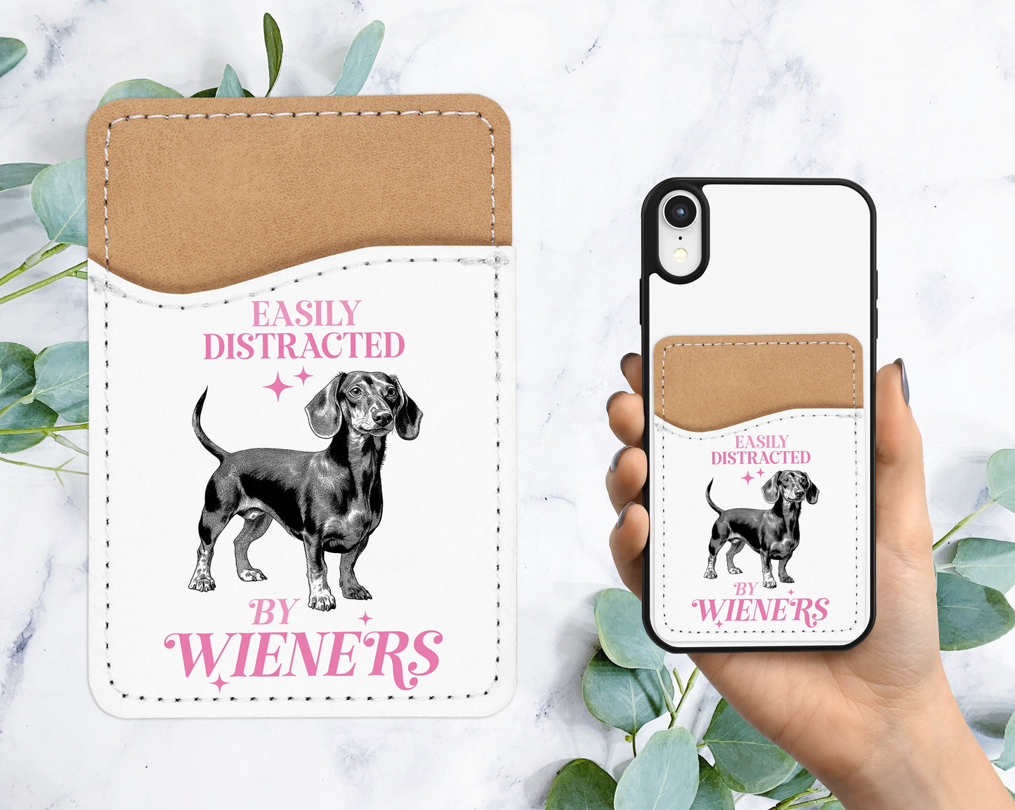 Cute Wiener Phone Wallet - Adhesive PU Leather Card Holder For Phone - Dachshund Pet Dog Custom Gift - Stick on Pocket - Card Caddy