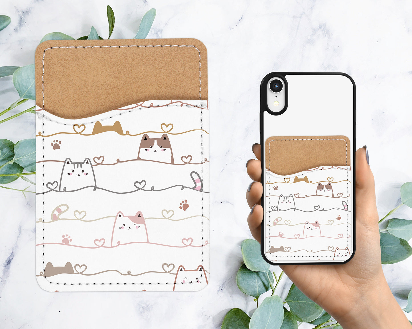 Cute Kitties Cats Design Phone Wallet - Adhesive PU Leather Card Holder For Phone - Custom Gift - Stick on Pocket - Card Caddy