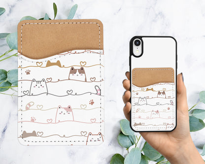 Cute Kitties Cats Design Phone Wallet - Adhesive PU Leather Card Holder For Phone - Custom Gift - Stick on Pocket - Card Caddy