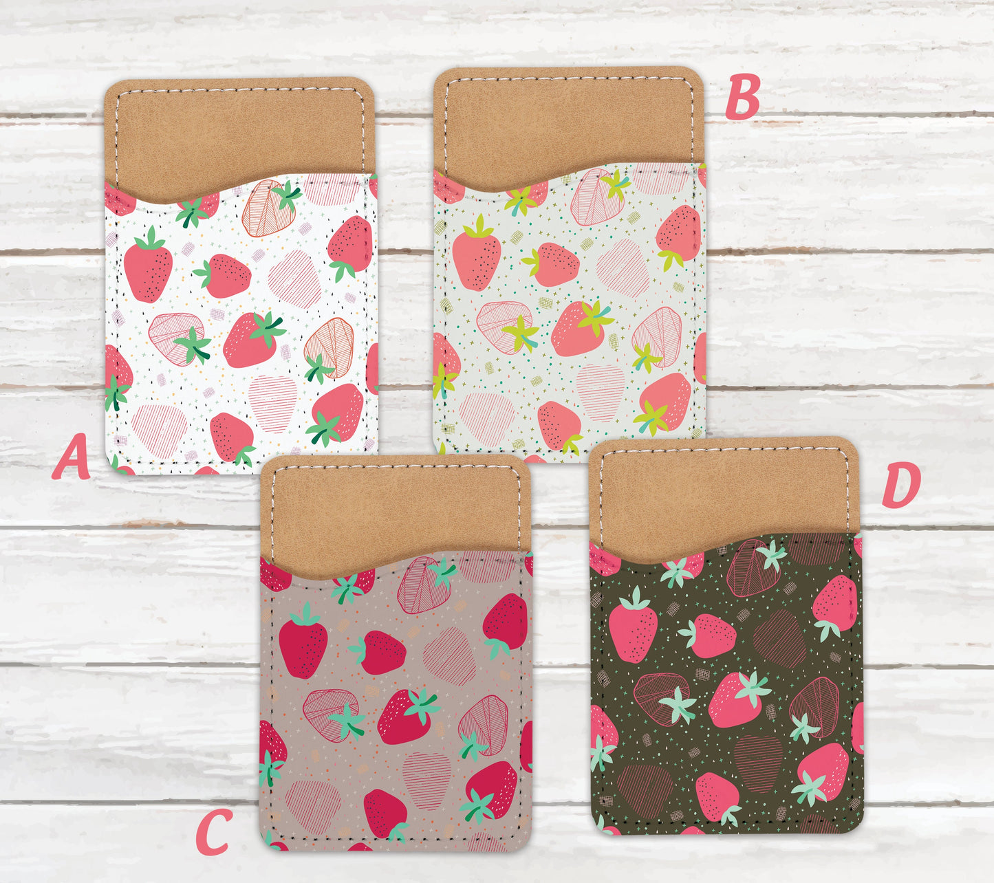 Cute Strawberry Phone Wallet - Adhesive PU Leather Card Holder For Phone - Customizable Gift - Stick on Pocket - Card Caddy