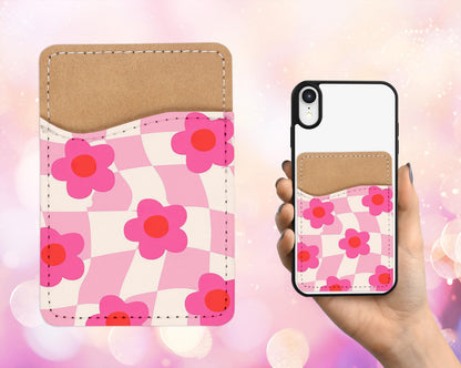 Retro Flower Design Phone Wallet - 70s 80s Groovy Flower Adhesive Card Holder For Phone - Custom Gift - Stick on Pocket - Card Caddy