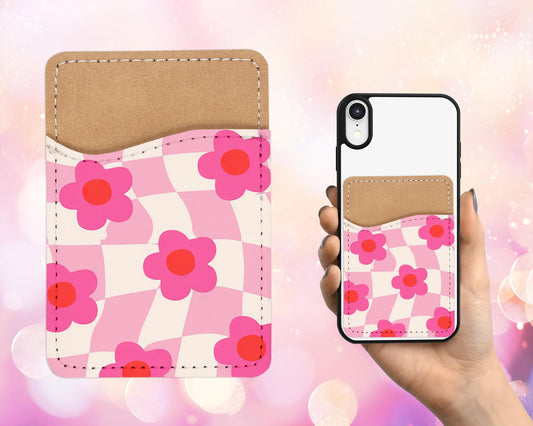 Retro Flower Design Phone Wallet - 70s 80s Groovy Flower Adhesive Card Holder For Phone - Custom Gift - Stick on Pocket - Card Caddy