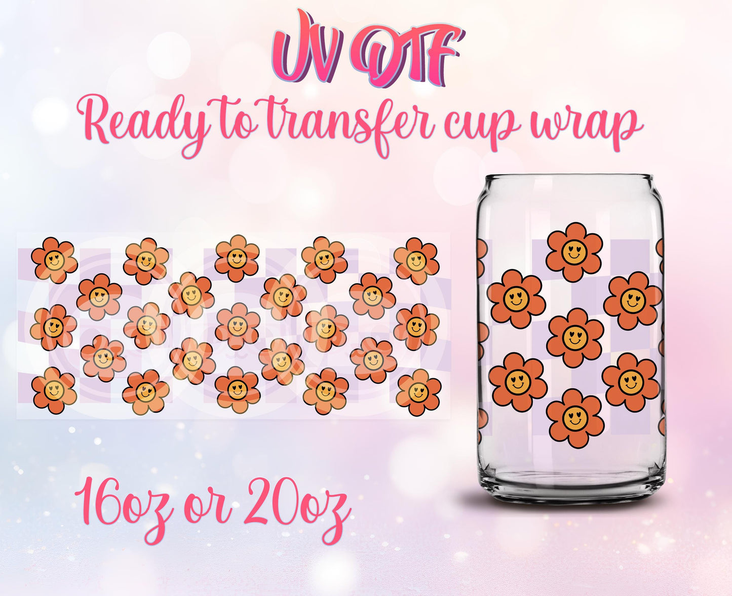 UV DTF Cup Wrap - Ready to Transfer - Checkers and Flowers - DIY 16oz and 20oz Prints - Libbey Glass Can - Customizable