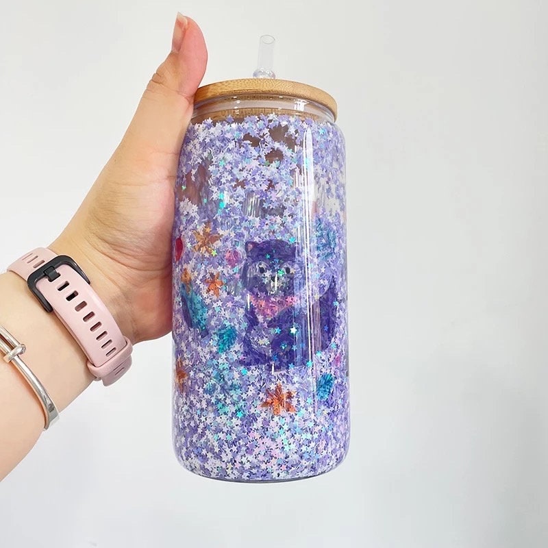 Blank Sublimation Snowglobe Beer Can Glass - Double Walled 12oz and 15oz Glass - Soda Can Cup with Bamboo Lid and Straw