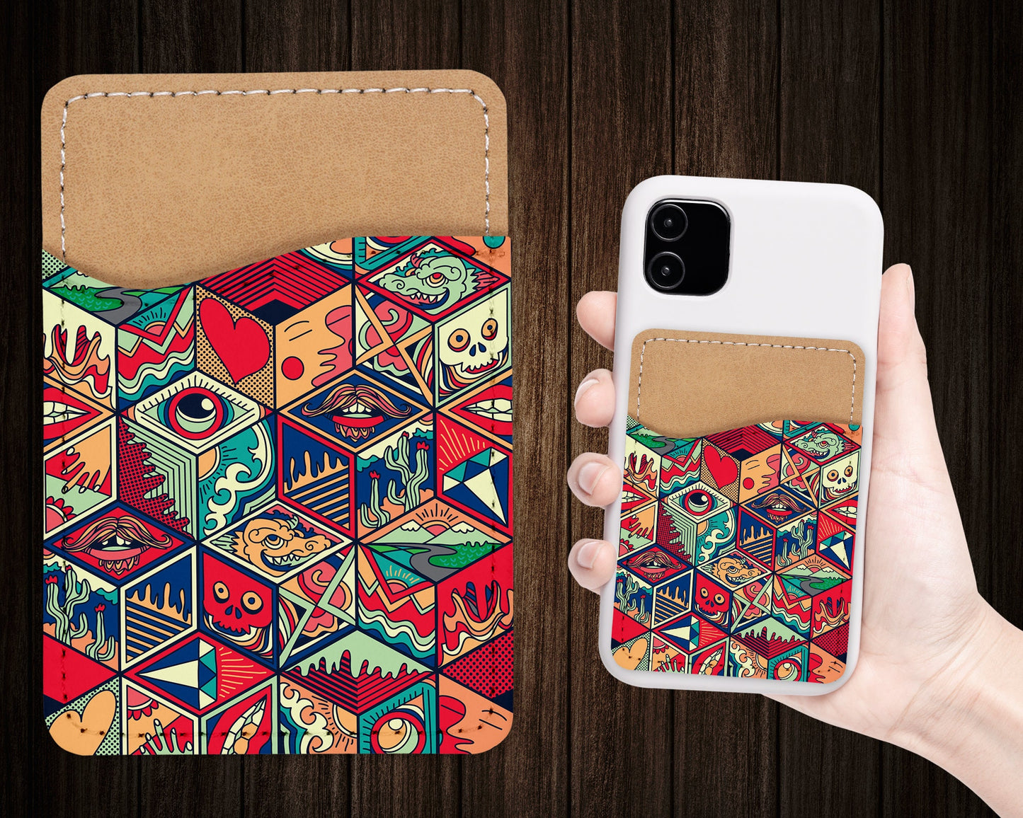 Geometric Abstract Art Pattern Phone Wallet - Adhesive PU Leather Card Holder For Phone  - Custom Gift - Stick on Pocket - Card Caddy